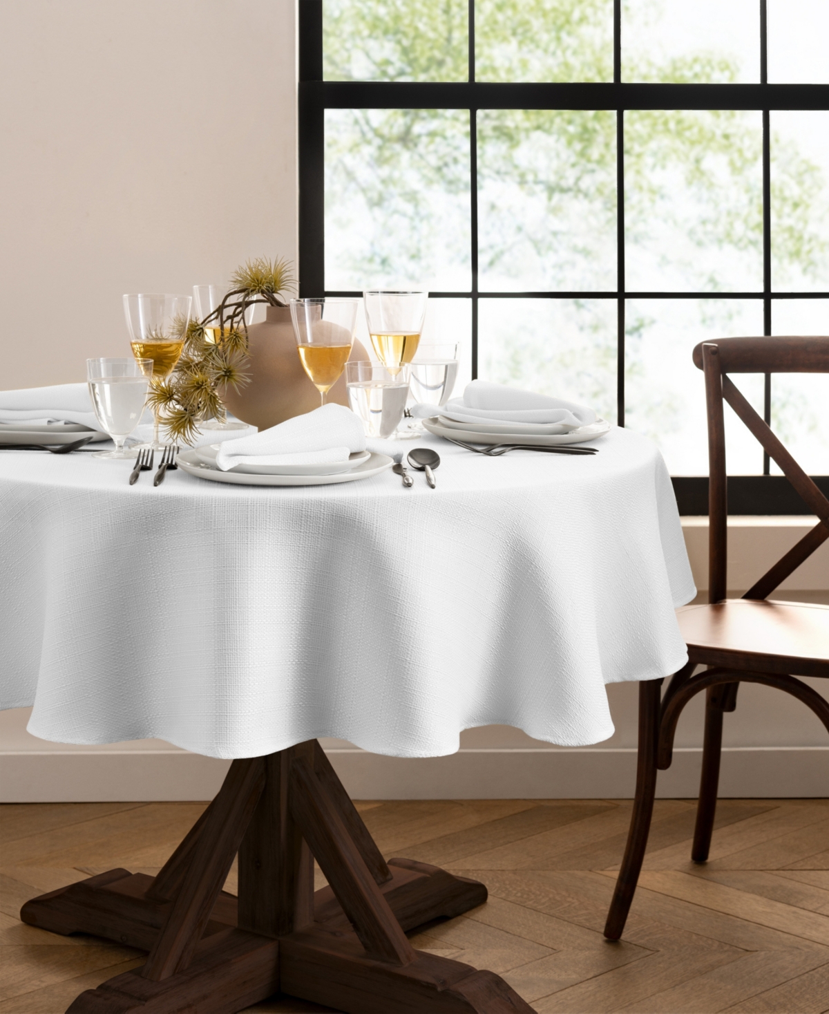 Elrene Laurel Solid Texture Water And Stain Resistant Tablecloth, 90" Round In White