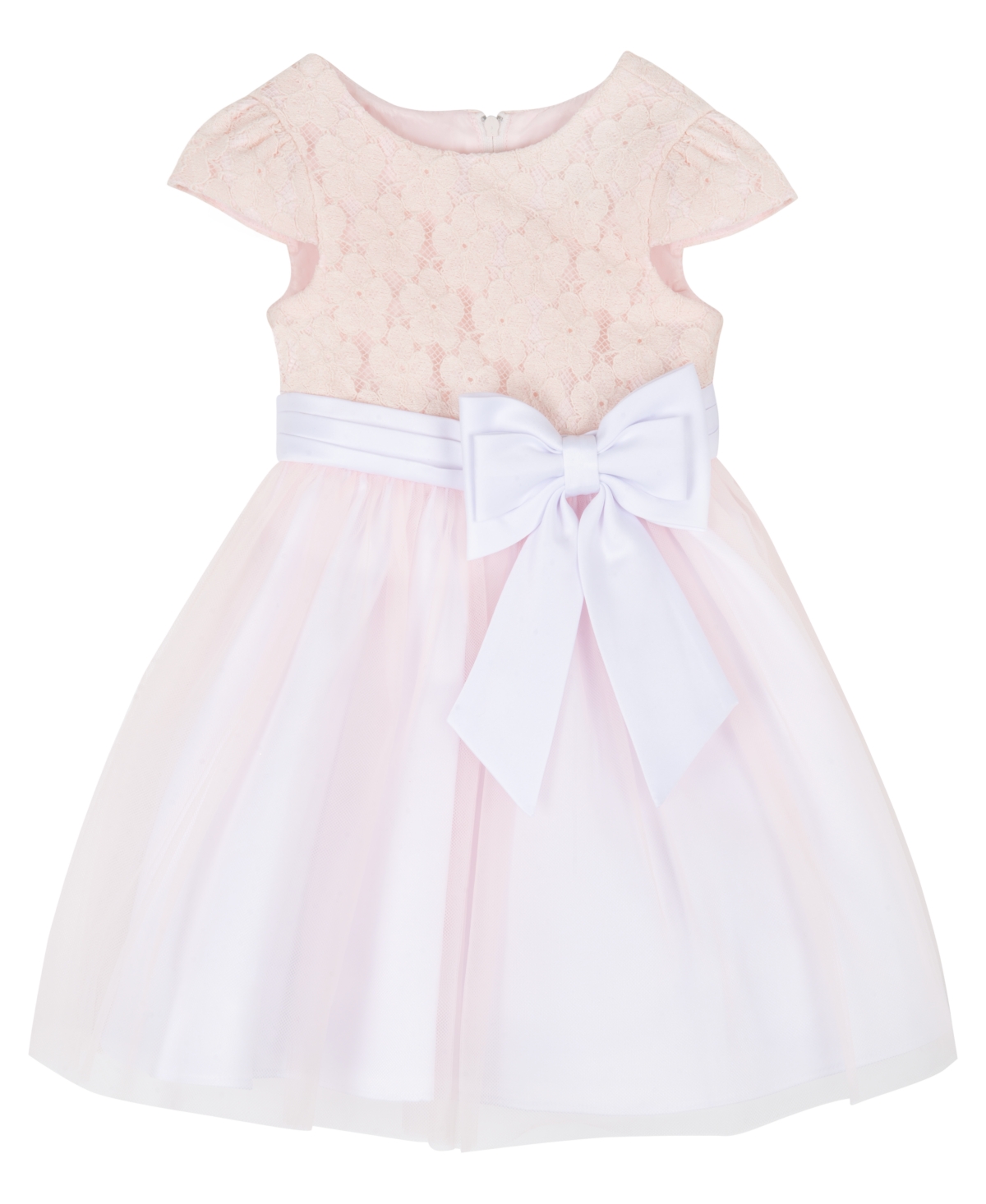 Rare Editions Kids' Baby Girls Lace Cap Sleeve Bodice To Mesh Skirt And Double Bow Detail Dress In Pink