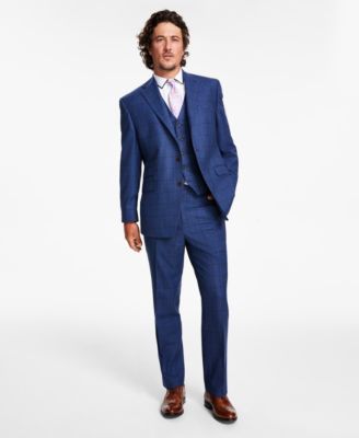 Mens Classic Fit Navy Windowpane Wool Blend Suit