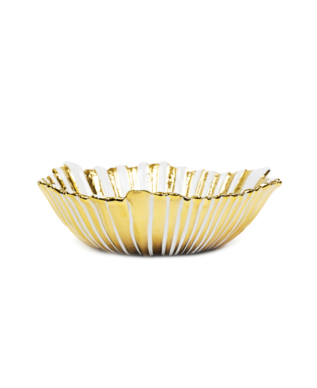 White and Gold-Tone Striped Flower Shaped Bowl - White, Gold