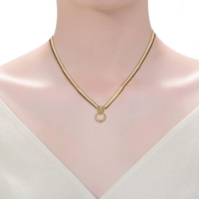 14k Yellow Gold Plated with Green & Cubic Zirconia Panther Head Door Knocker Wire Herringbone Chain Necklace - Adjustable w/ Extension Chain