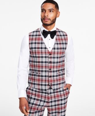 Tayion Collection - Men's Classic-Fit Black, Red & White Plaid Suit Separates Vest
