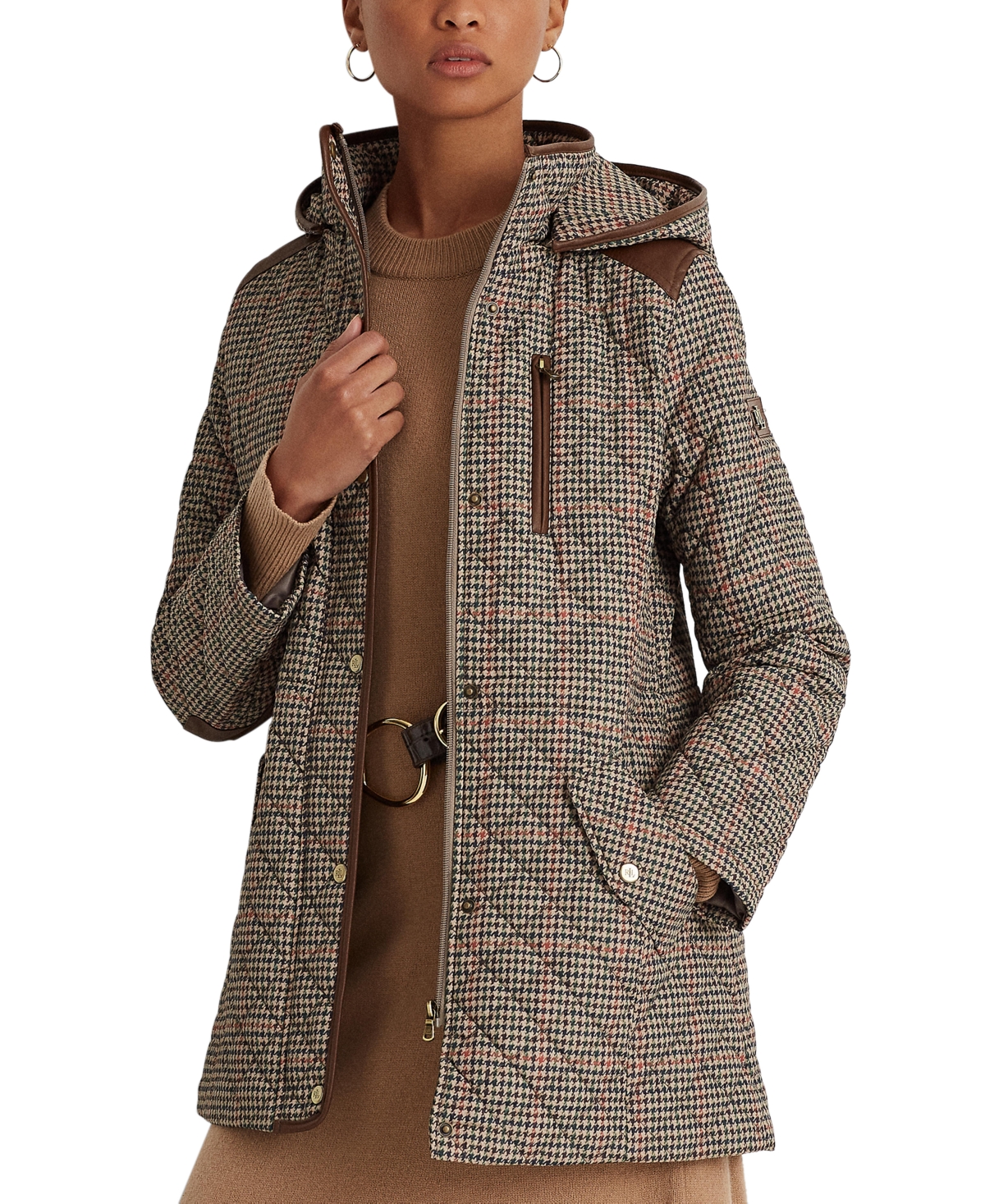 Lauren Ralph Lauren Women's Hooded Quilted Coat, Created By Macy's In Box Houndstooth