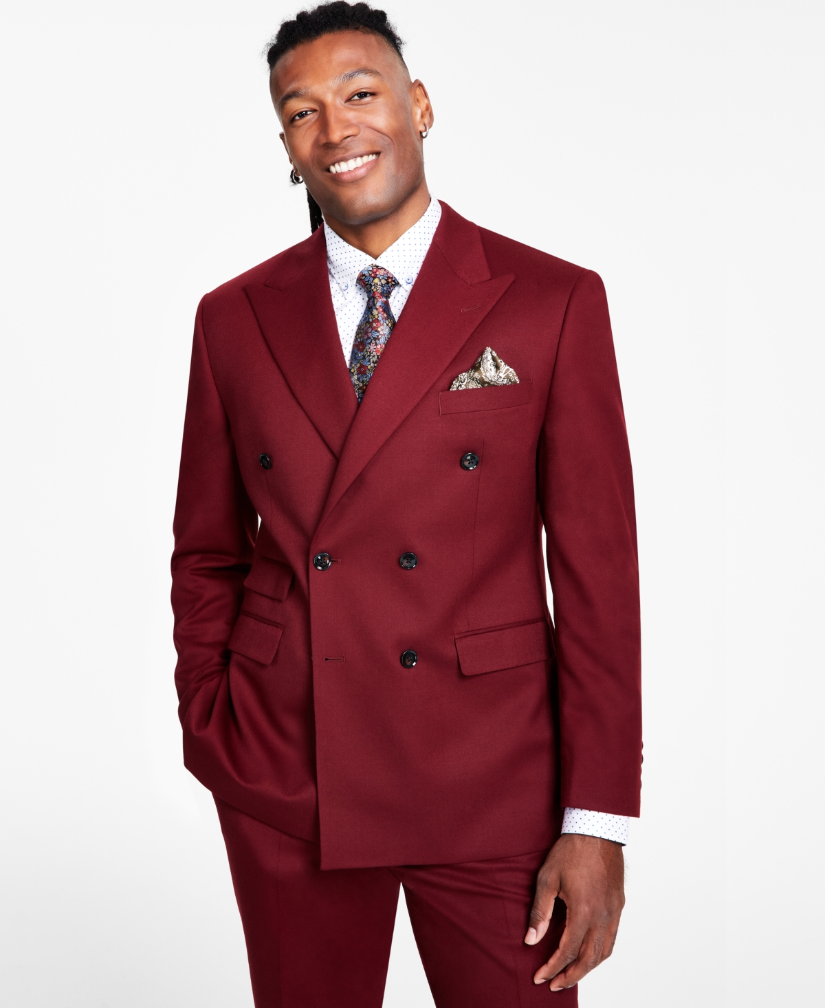Men's Classic-Fit Stretch Burgundy Double-Breasted Suit Separates Jacket - Burgundy