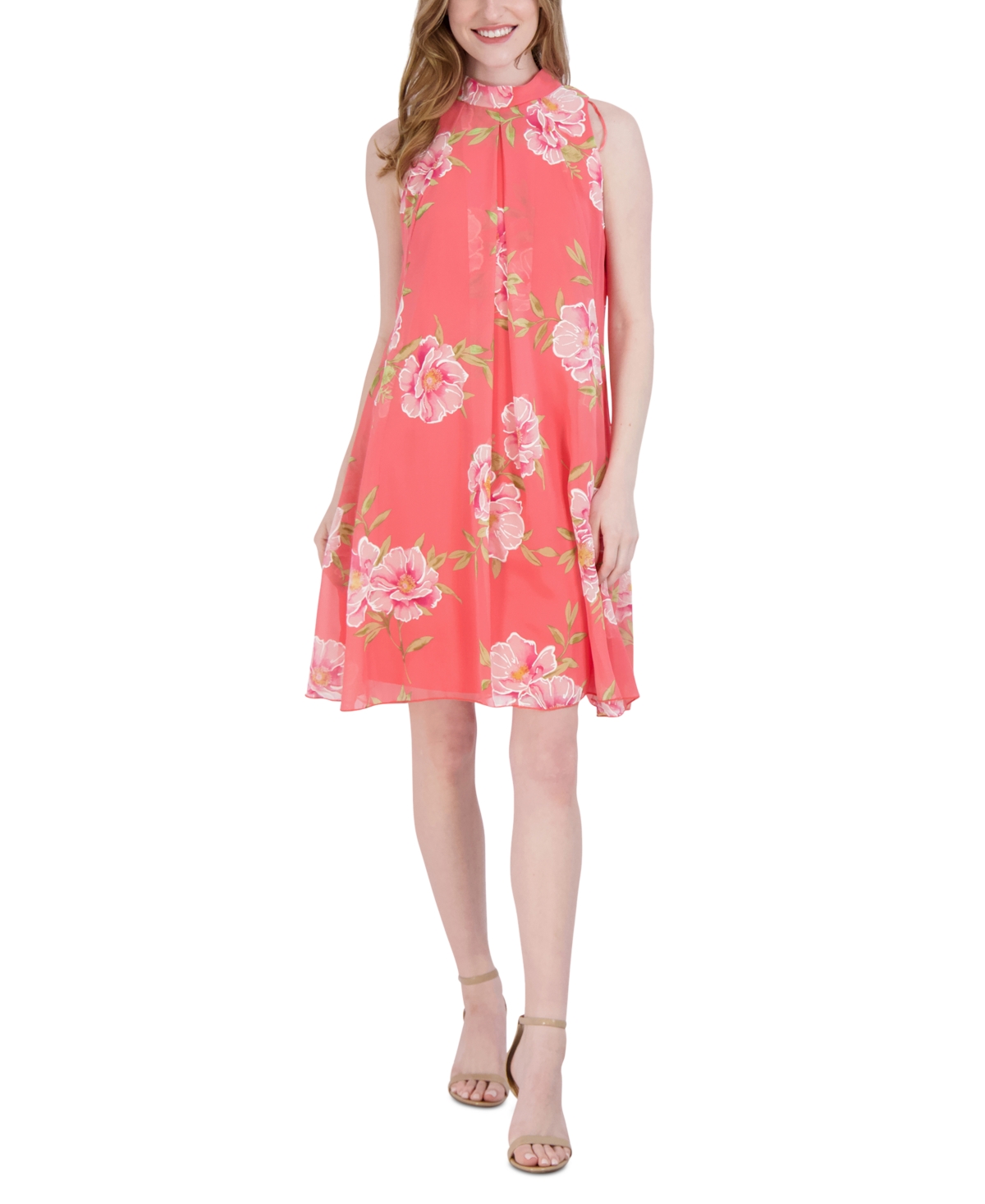 Robbie Bee Women's Sleeveless Draped-neck Floral-print Maxi Dress In Coral/green