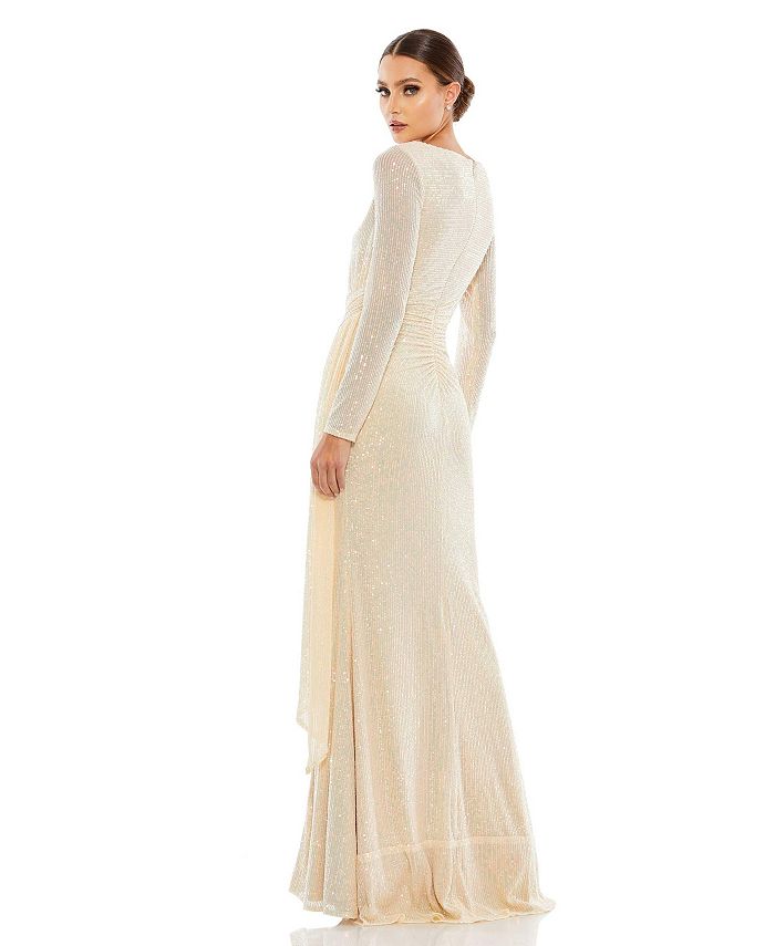Mac Duggal Women's Ieena Sequined Ruched Long Sleeve Boat Neck Gown ...