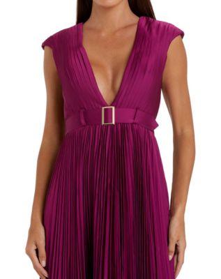 Women's Ieena Pleated Plunge Neck Belted Satin Gown