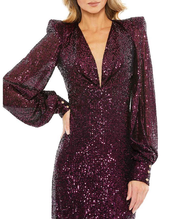 Mac Duggal Women's Ieena Sequined Structured Bishop Sleeve Midi Dress ...