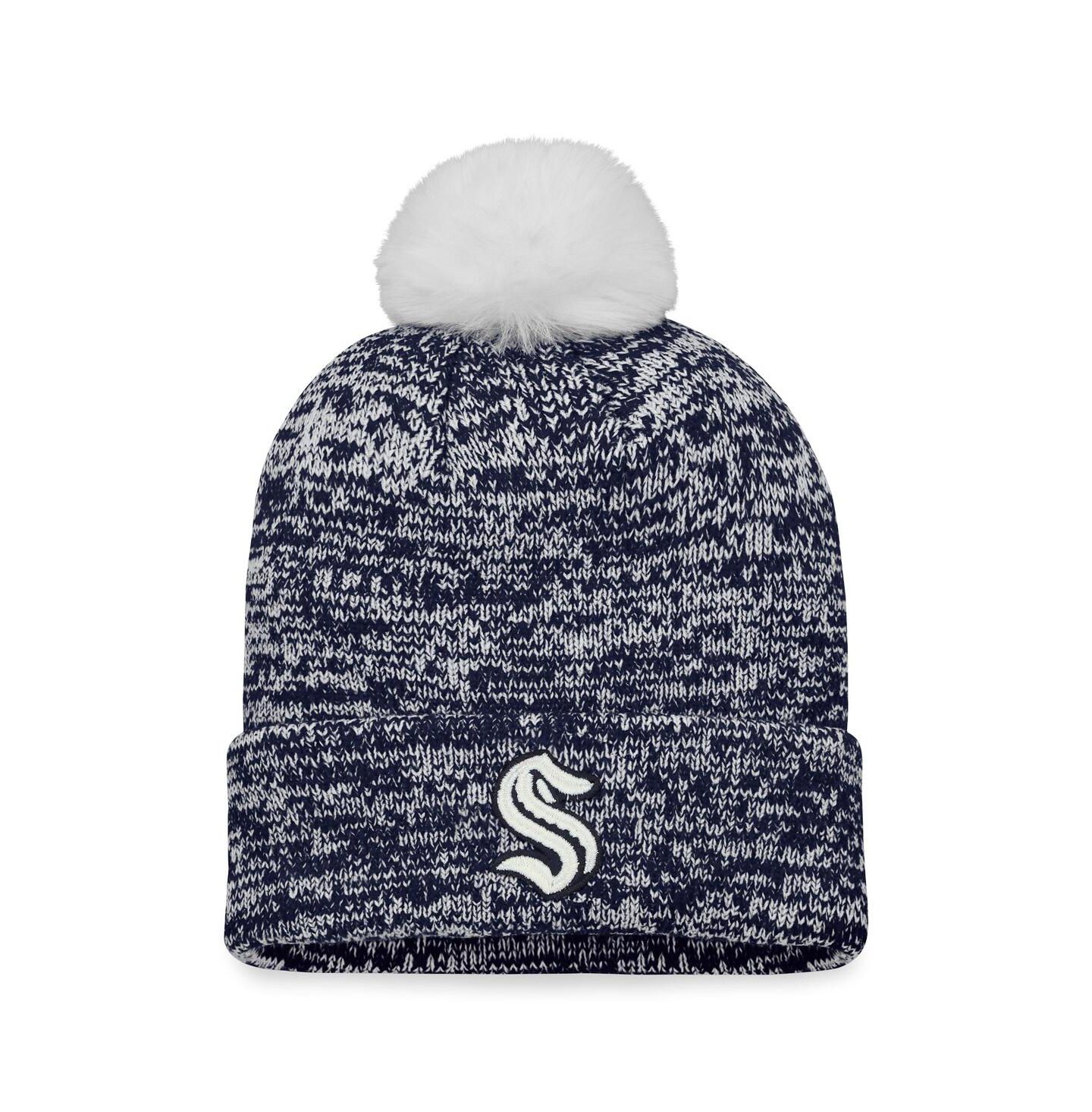 Женская шапка Fanatics Deep Sea Blue Seattle Kraken Glimmer Cuffed Knit Hat with Pom — фото 1