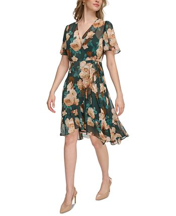 Calvin Klein Women's Floral-Print Ruffled Faux-Wrap Dress - Macy's