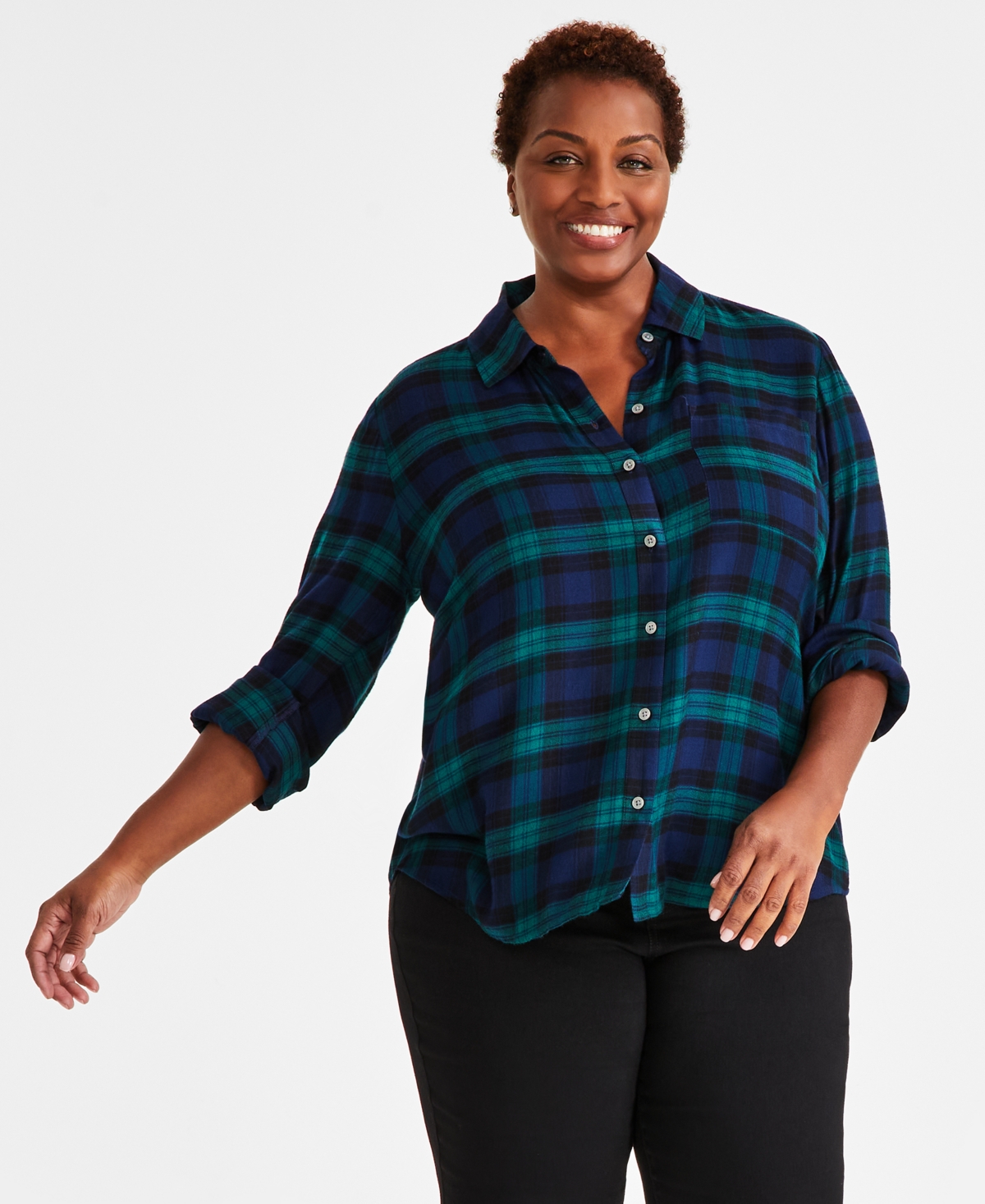 Style & Co Plus Size Perfect Shirt, Created For Macy's In Plaid Blue