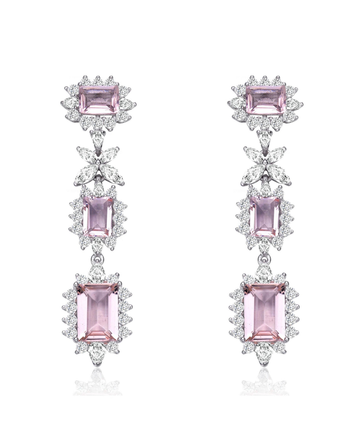 Genevive Sterling Silver with White Gold Plated Morganite Emerald with Clear Cubic Zirconia Halo Three-Tier Earrings