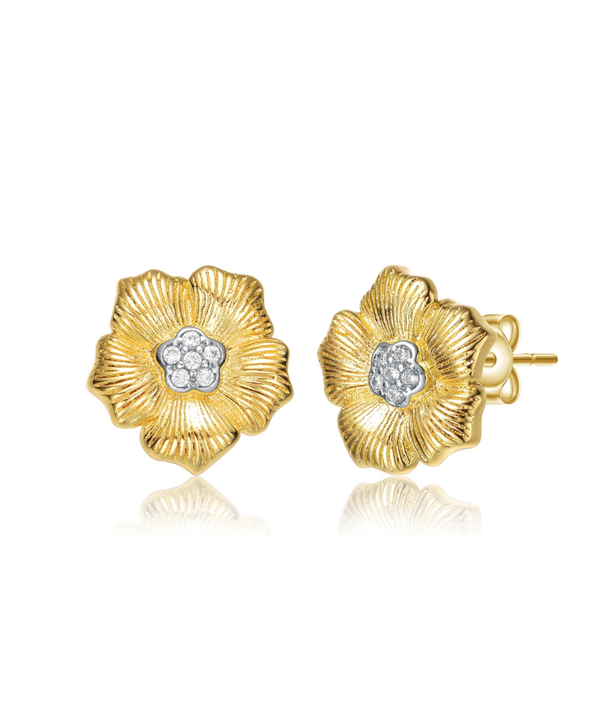 Elegant 14K Gold Plated and Cubic Zirconia Floral Stud Earrings - Gold
