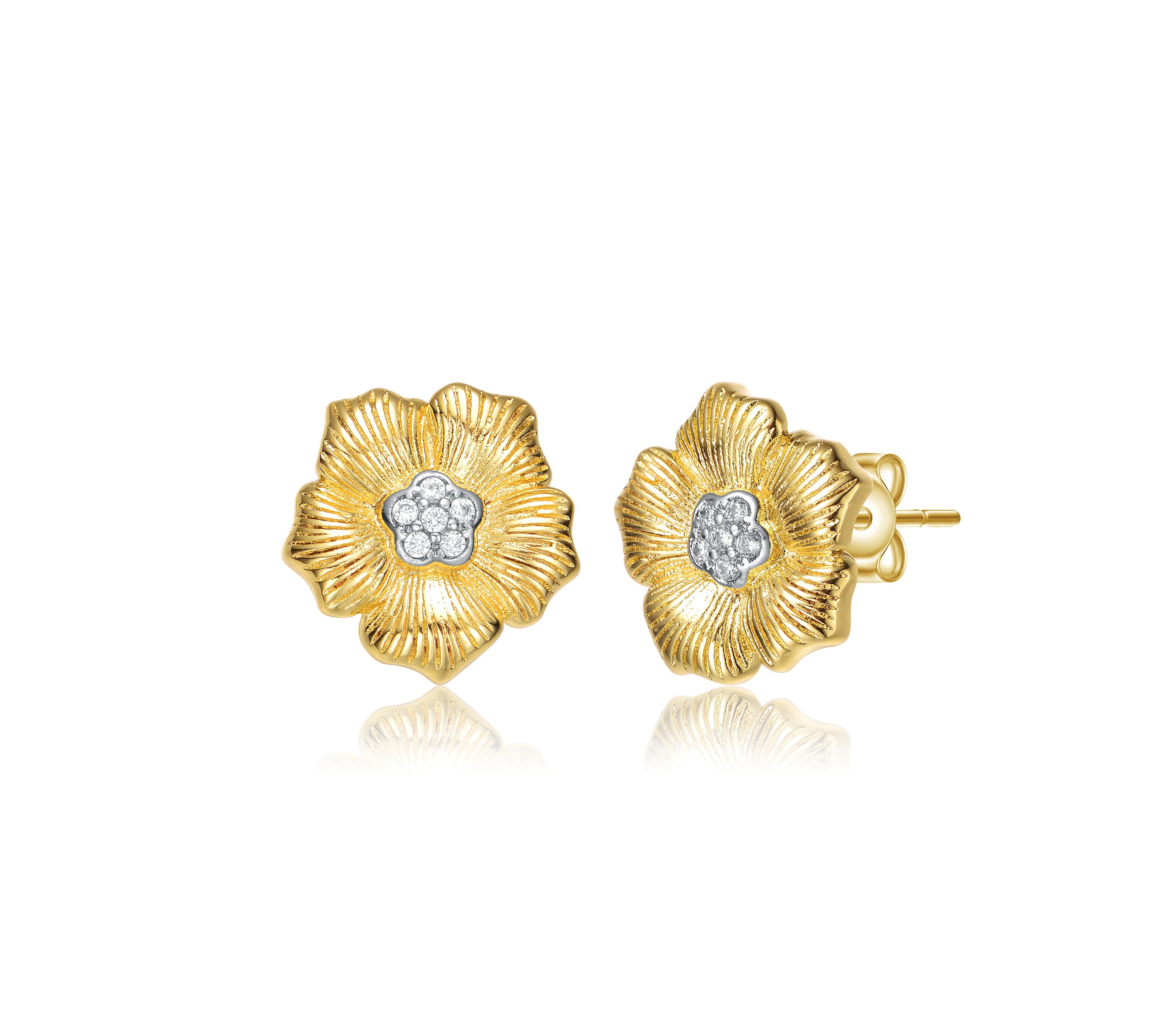 Elegant 14K Gold Plated and Cubic Zirconia Floral Stud Earrings