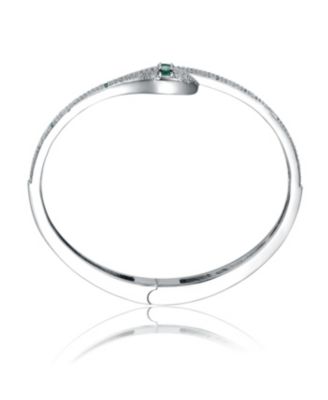 White Gold Plated with Green & Cubic Zirconia Snake Bypass Coil Wrap Bangle Bracelet