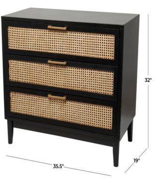 32" Wood 3 Drawer Cabinet with Cane Front Drawers and Gold-Tone Handles