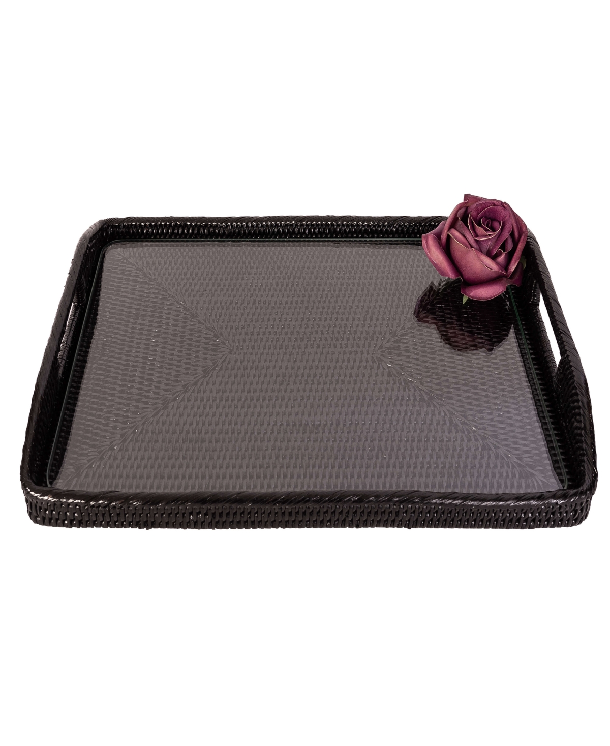 Artifacts Trading Company Artifacts Rattan Rectangular Tray With Glass Insert In Tudor Black