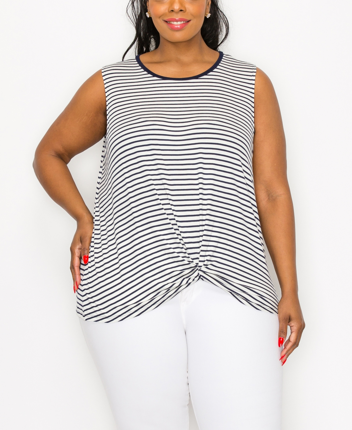 Plus Size Contrast Binding Front Twist Tank Top - Ivory Navy