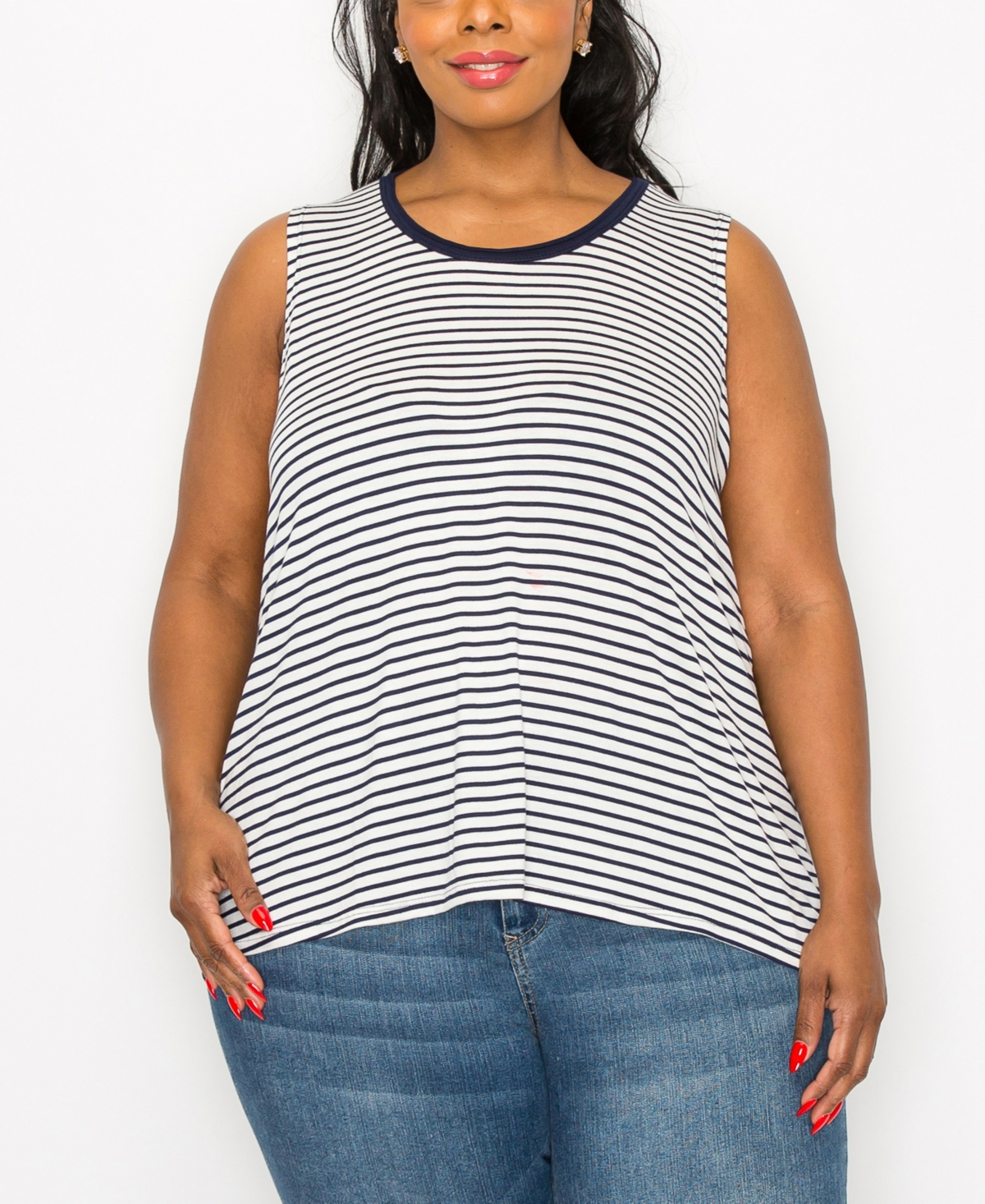 Plus Size Contrast Binding Tank Top - Ivory Navy