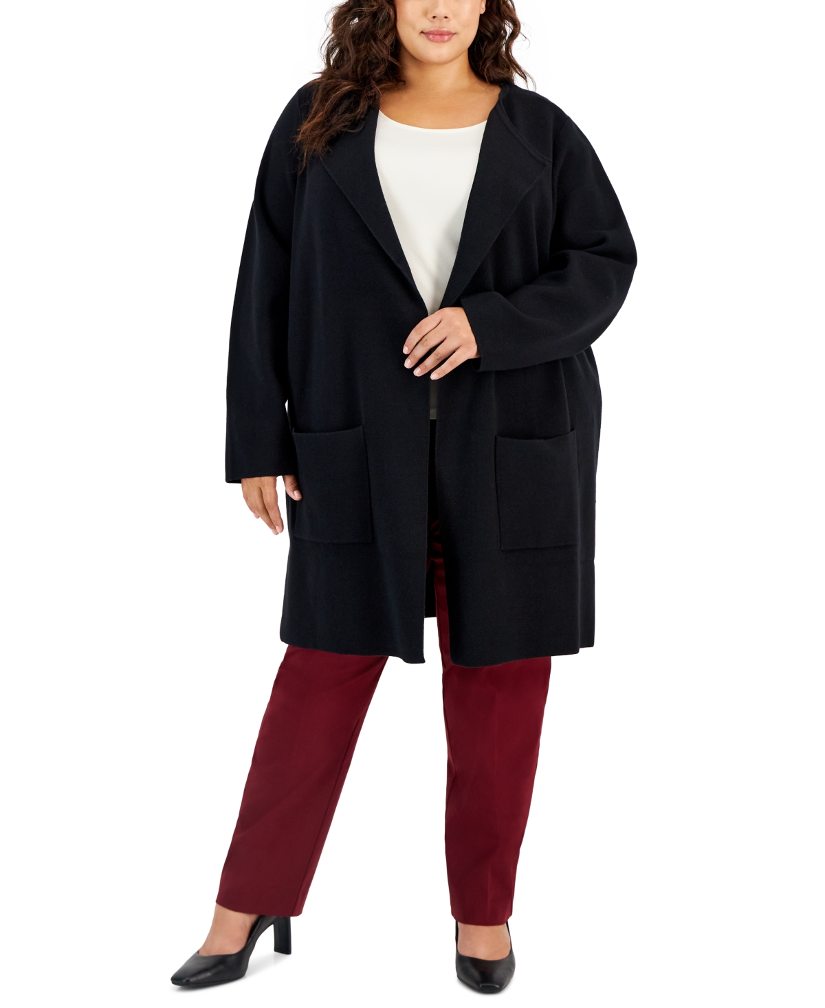 Jm Collection Plus Size Patch-pocket Coatigan Sweater, Created For Macy's In Deep Black