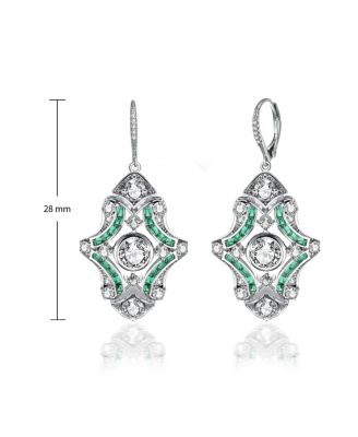White Gold Plated with Green & Cubic Zirconia Art Deco Lever Back Earrings in Sterling Silver
