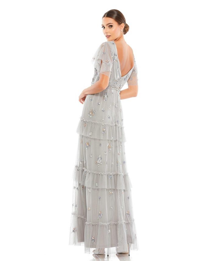Mac Duggal Women's Ruffle Tiered Embellished Flutter Sleeve Gown - Macy's