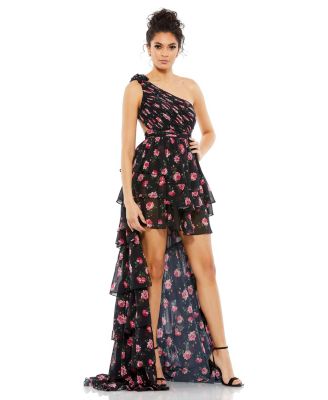 ieena for mac duggal one-shoulder cutout floral maxi dress Pink One Shoulder Floral Printed Chiffon Side Cut Out Gown