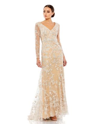 bloomingdale's evening dresses long sleeve Mac Duggal Women's Embroidered V Neck Long Sleeve Trumpet Gown
