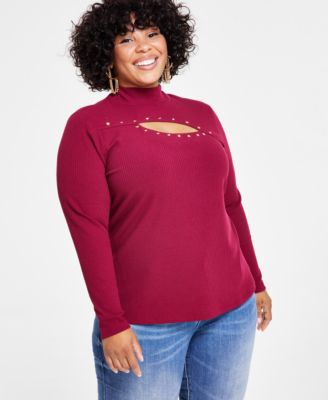 I.N.C. International Concepts Plus Size Studded Cutout Mock Neck Ribbed Top Created for Macy s Macy s