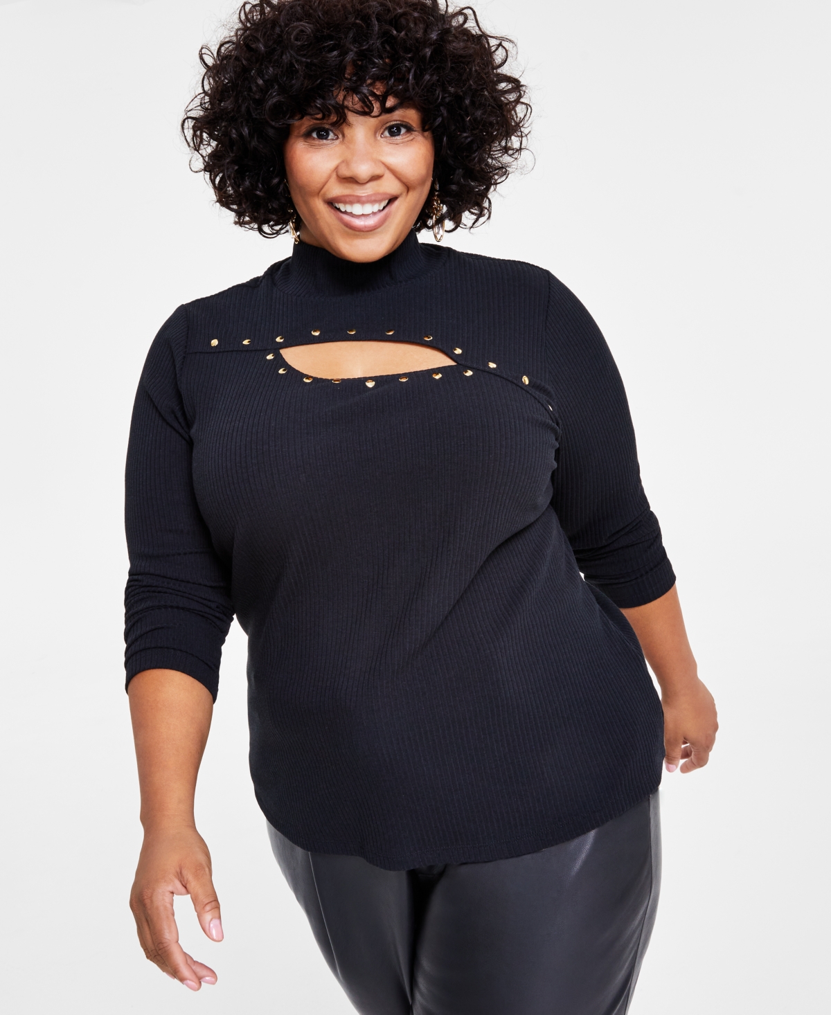 Inc International Concepts Plus Size Studded Cutout Mock-neck Ribbed Top, Created For Macy's In Deep Black
