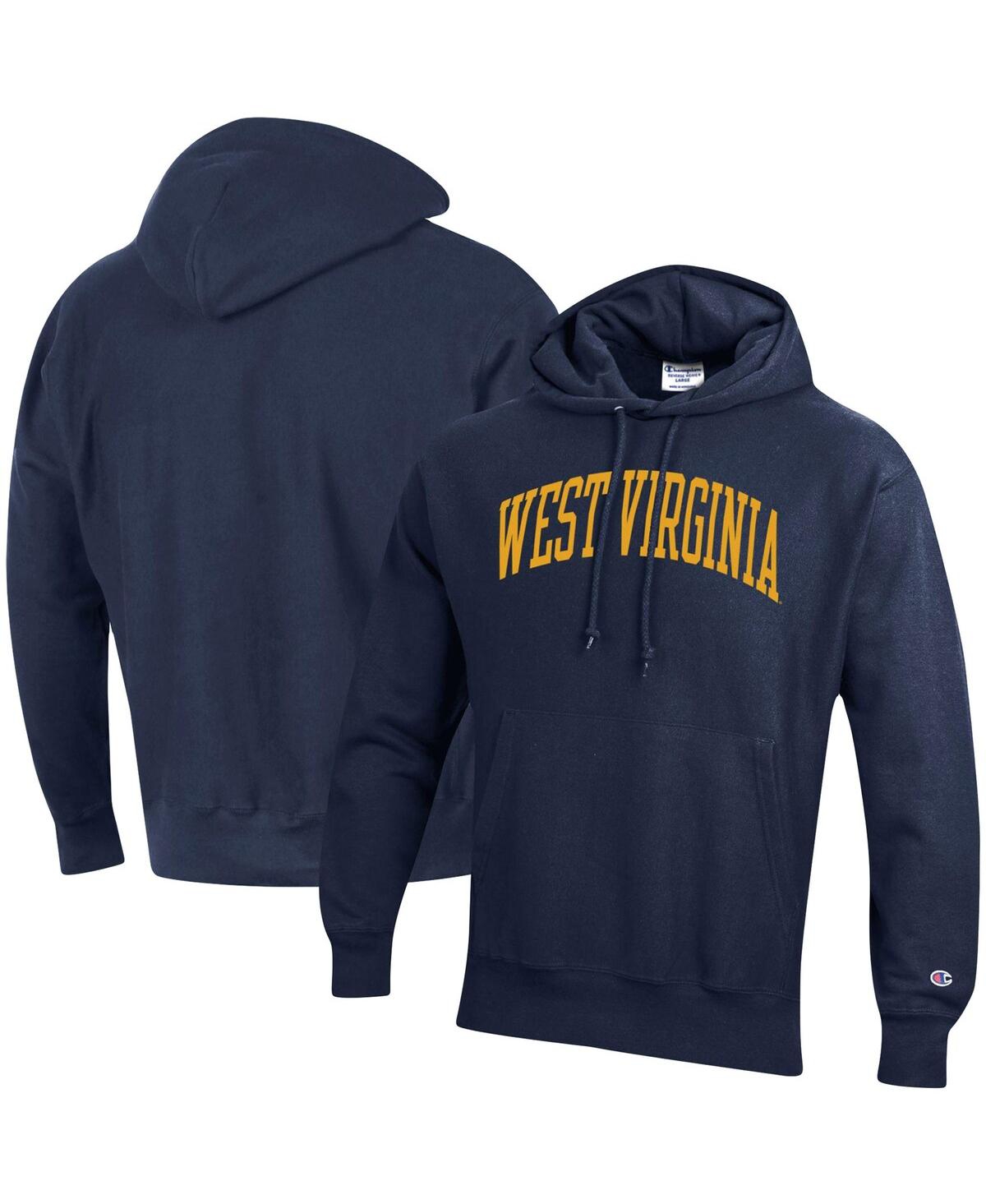 CHAMPION MEN'S CHAMPION NAVY WEST VIRGINIA MOUNTAINEERS TEAM ARCH REVERSE WEAVE PULLOVER HOODIE
