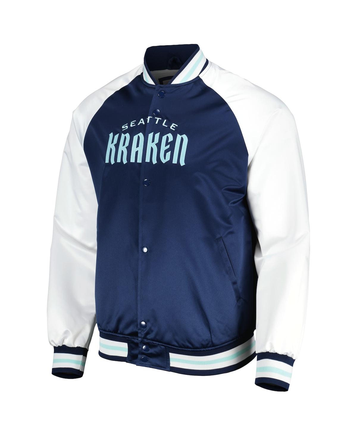 Shop Mitchell & Ness Men's  Deep Sea Blue, White Seattle Kraken Primetime Raglan Satin Full-snap Jacket In Deep Sea Blue,white