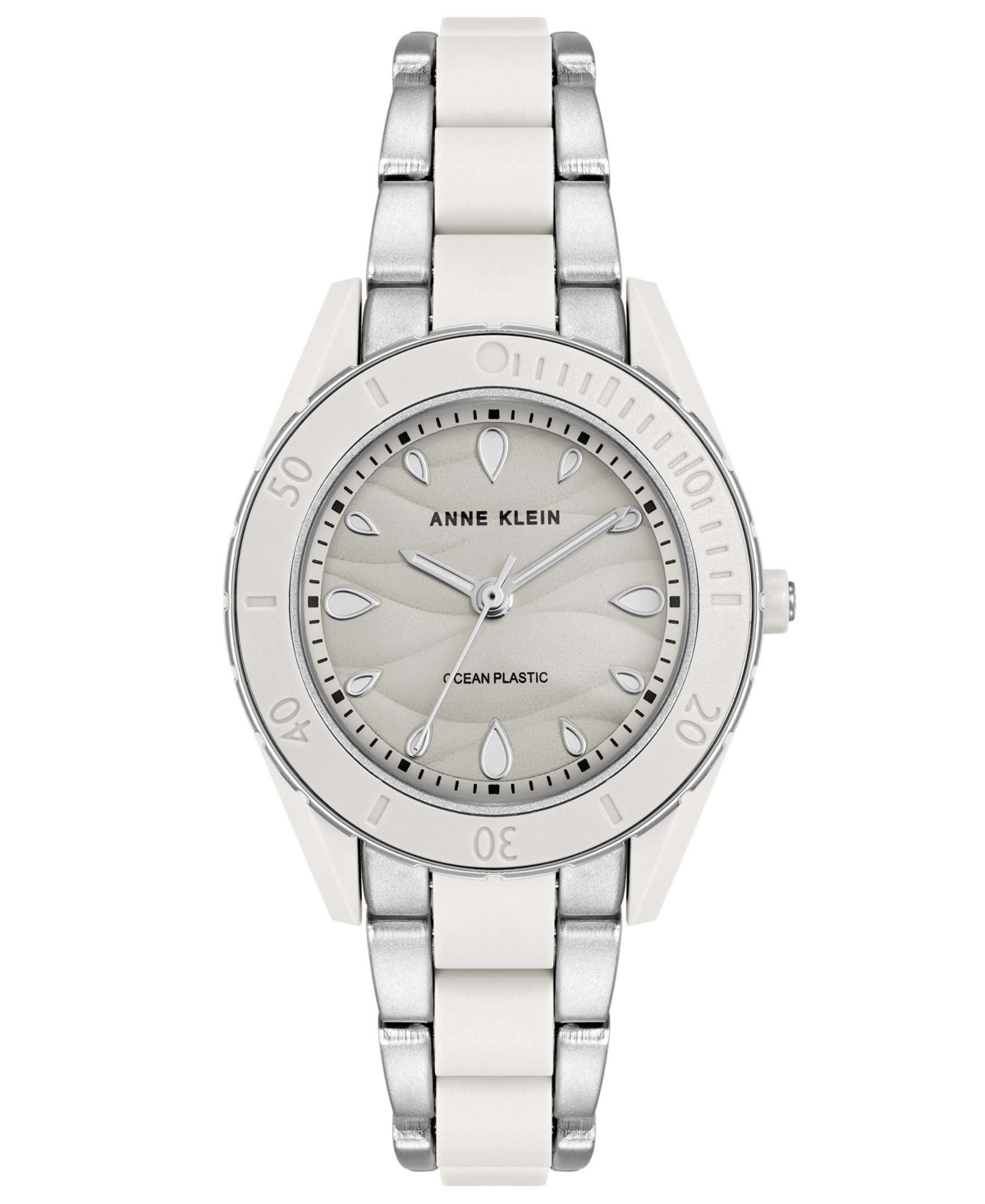 Anne Klein Women's Solar Silver-tone And White Oceanworks Plastic Watch, 32mm In Silver,white