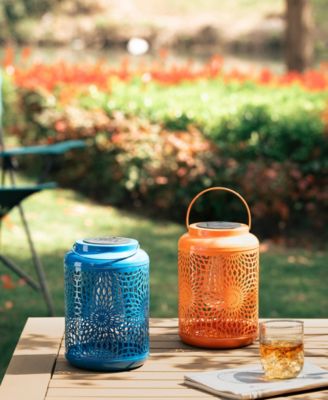 8.75" H Metal Cutout Solar Powered Outdoor Hanging Lantern with Edison Bulb, Set of 2