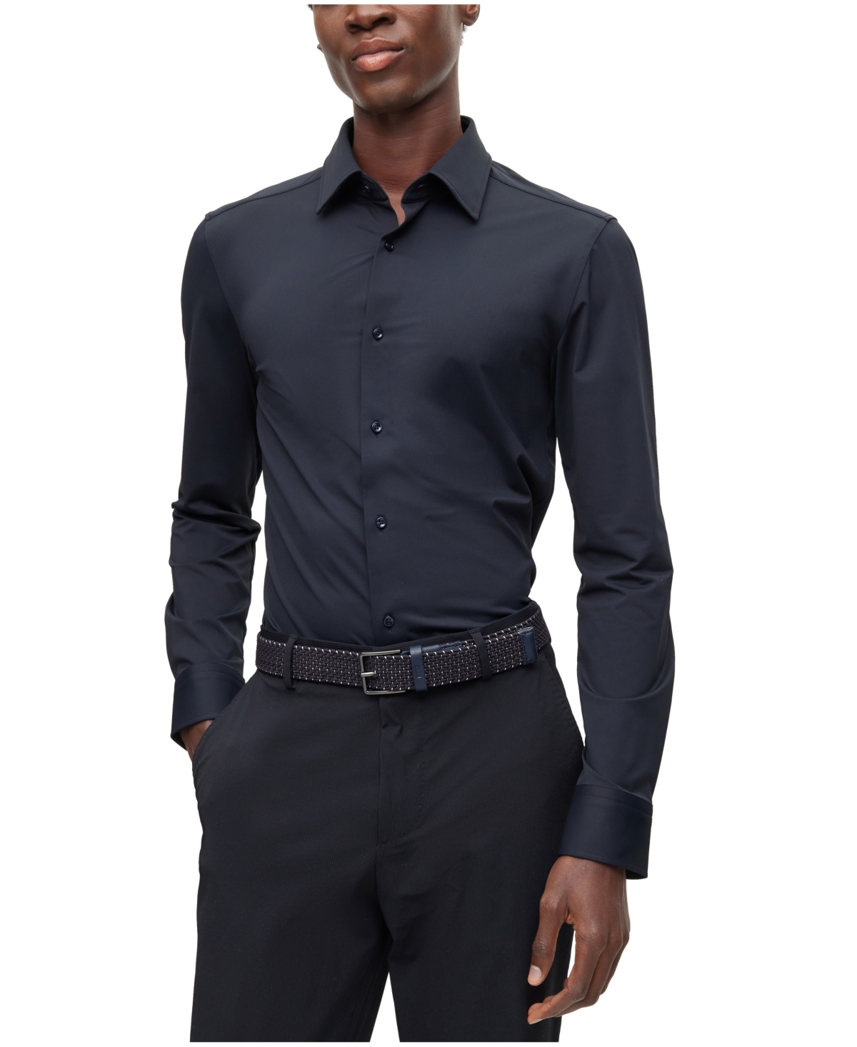 Hugo Boss Boss By  Men's Micro-dobby Performance-stretch Slim-fit Dress Shirt In Dark Blue