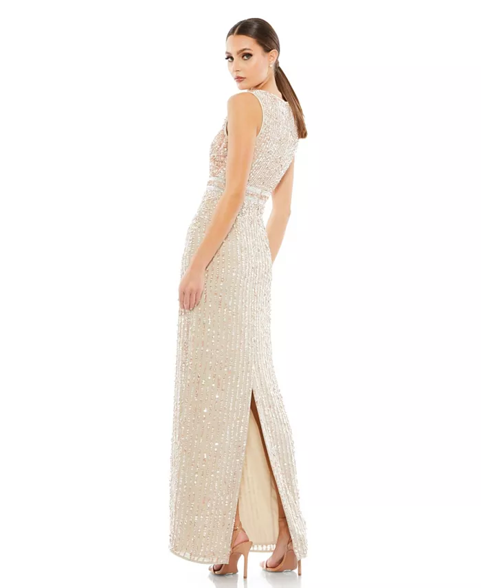 Women's Sequined High Neck Sleeveless Column Gown - thumbnail 2