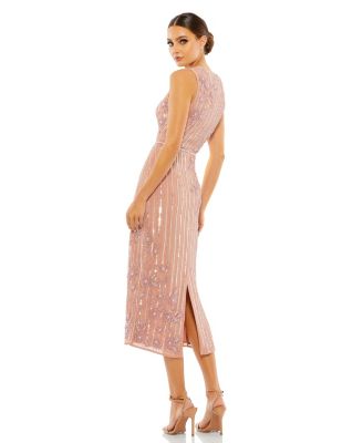 Women's Striped Floral Embellished Sleeveless Midi Dress