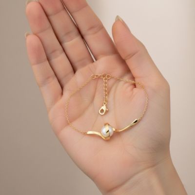 Gv Sterling Silver 14k Gold Plated With 7mm White Freshwater Pearl Adjustable Layering Bracelet