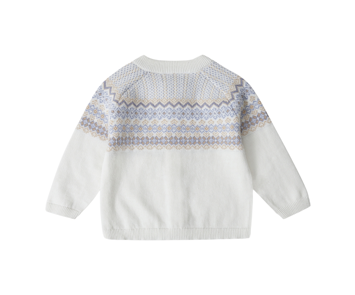 Stellou & Friends Baby Girls 100% Cotton Knit Norwegian Jacquard Design Long Sleeve Cardigan Sweater - White with periwinkle and beige