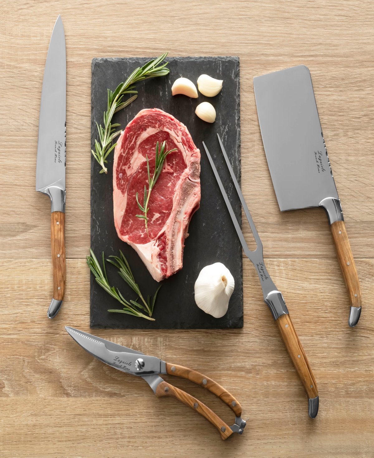 French Home 4-Piece Connoisseur Laguiole Professional Chef Knife Set with OliveHandles - Wood