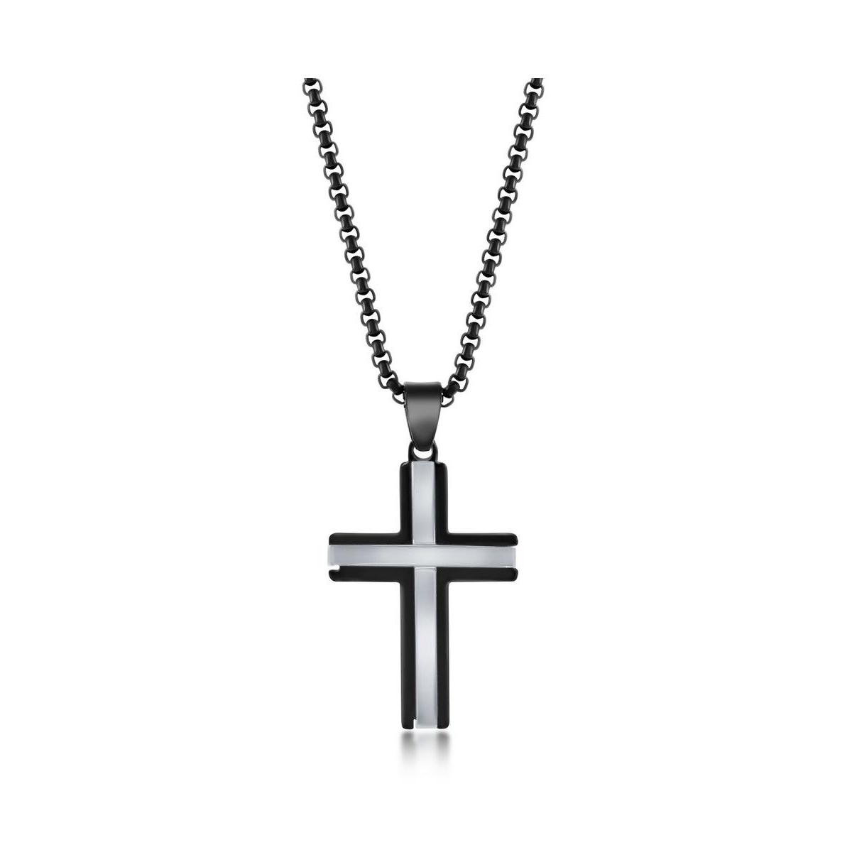 Men's Stainless Steel Black & Silver Polished Cross Necklace - Black