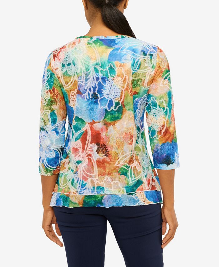 Alfred Dunner Petite Moody Blues Watercolor Floral V-neck Top - Macy's