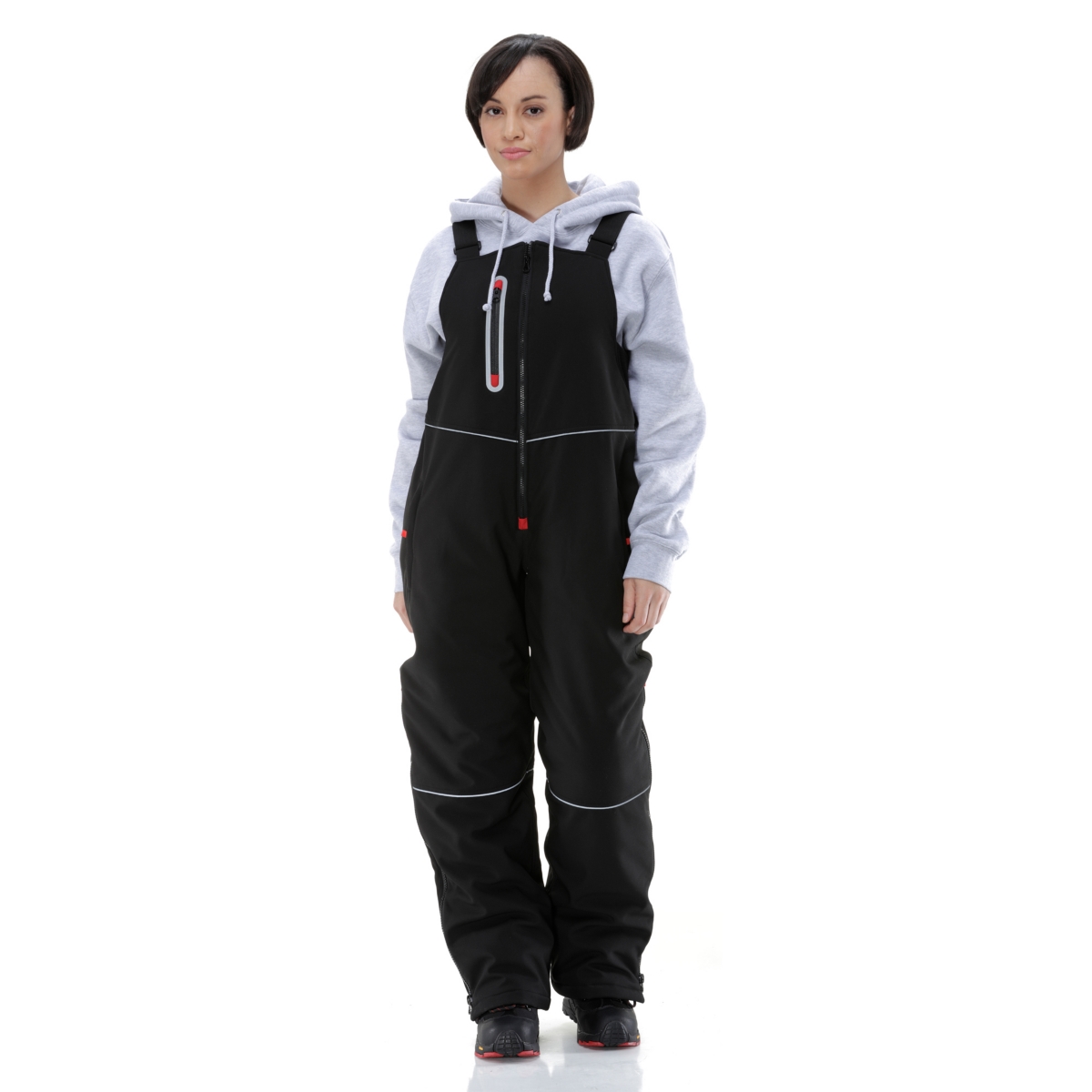 Plus Size Insulated Softshell Bib Overalls with Reflective Piping - Black