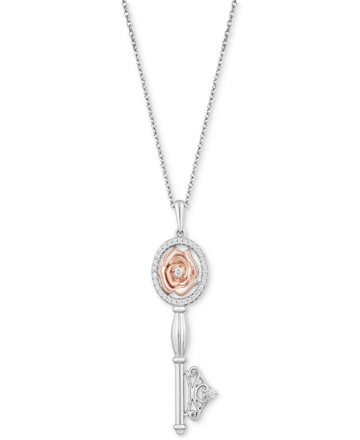 Diamond Belle Rose Key Pendant Necklace (1/6 ct. t.w.) in Sterling Silver & 14k Rose Gold-Plate - Two-Tone