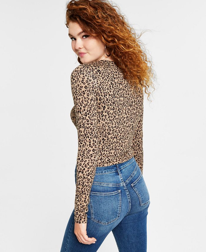 Bar III Women's Crewneck Animal-Print Long-Sleeve Top, Created for Macy ...