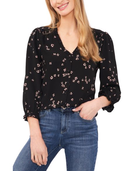 Женская блузка CeCe Floral-Print Button-Front Blouse, цвет: Насыщенный чёрный