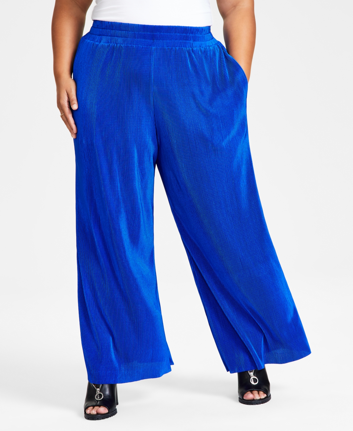 Bar Iii Plus Size Plisse High-rise Wide-leg Pants, Created For Macy's In Deep Cobalt