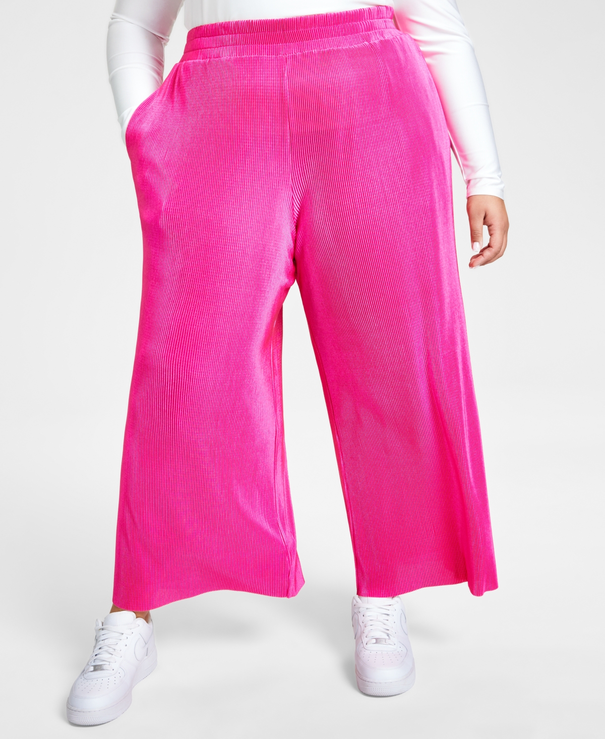 Bar Iii Plus Size Plisse High-rise Wide-leg Pants, Created For Macy's In Fuchsia Purple