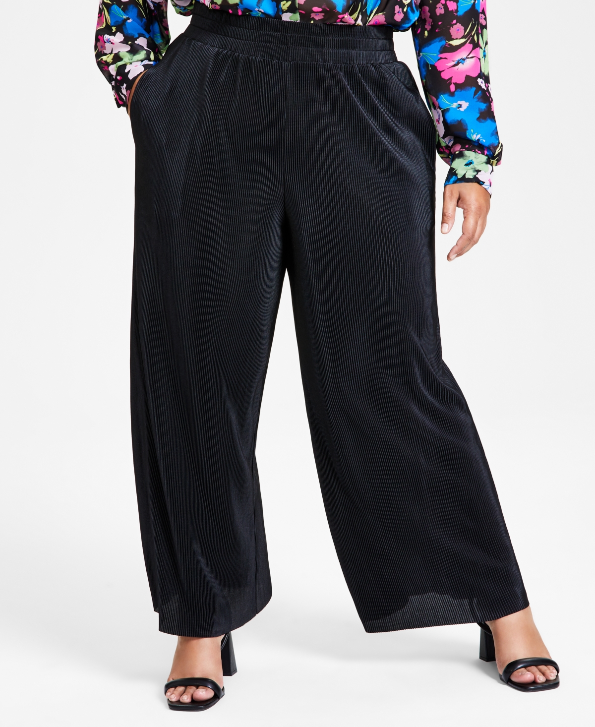 Bar Iii Plus Size Plisse High-rise Wide-leg Pants, Created For Macy's In Deep Black