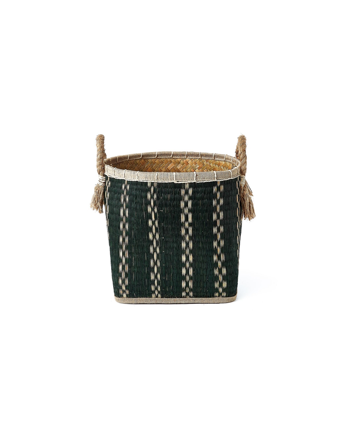 Baum 3 Piece Round Top and Square Bottom Palm Leave Basket Set with Rope Handles and Tassels - Black and Natural